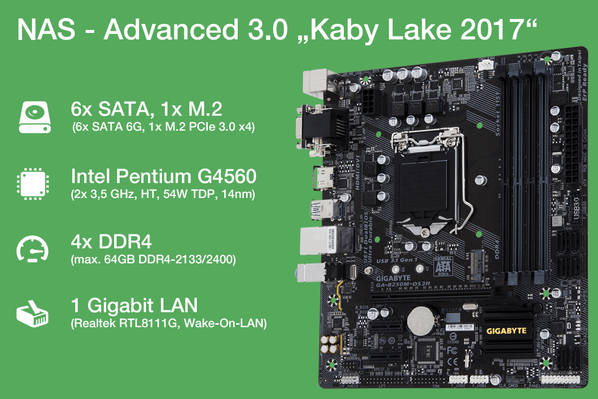 NAS Advanced 3.0 mit Kaby-Lake 4-Thread Pentium, 6x SATA und M.2 1